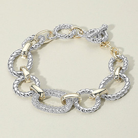14K Gold Plated CZ Stone Paved Link Accent Two Tone Chunky Chain Link Bracelet