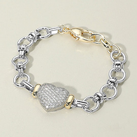 14K Gold Plated Two Tone CZ Stone Paved Heart Charm Chunky Chain Link Bracelet