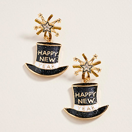 Starburst Accent Enamel HAPPY NEW YEAR Hat Dangle Earrings