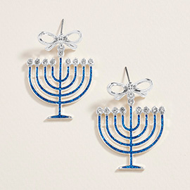 Bow Accent Hanukkah Menorah Dangle Earrings