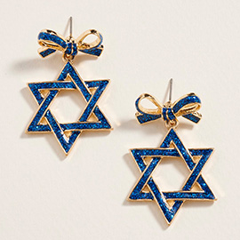 Enamel Bow Accent Star of David Dangle Earrings