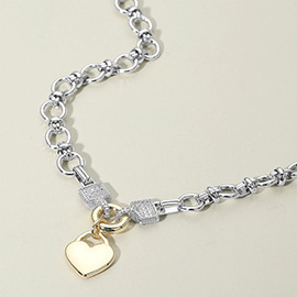 14K Gold Plated Two Tone Heart Pendant CZ Stone Paved Link Chain Necklace