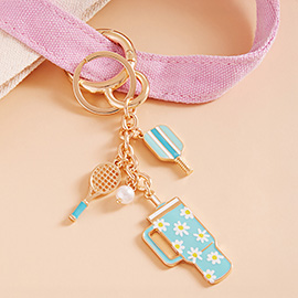 Enamel Pickleball Paddle Daisy Floral Pattern Tumbler Back Engraved Keychain Bag Charm