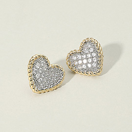 14K Gold Plated Two Tone CZ Stone Paved Heart Stud Earrings