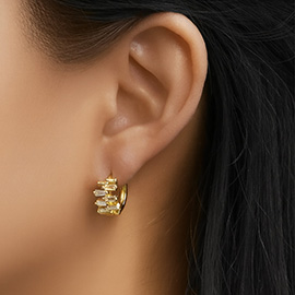 14K Gold Dipped Disorganized Baguette CZ Stone Cluster Mini Huggie Hoop Earrings