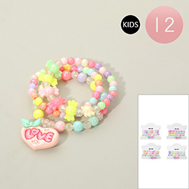 12 SET OF 3 - Kids LOVE Message Heart Charm Candy Faceted Beaded Stretch Multi Layered Bracelets