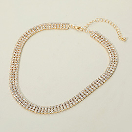 Gold Dipped Triple Row Rhinestone Necklace