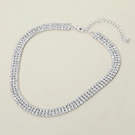 Silver Dipped Triple Row Rhinestone Necklace