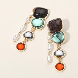 Artistic Statement Design Colorful Stone Pearl Drop Earrings