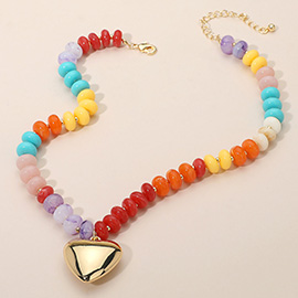 18K Gold Dipped Puffy Heart Pendant Chunky Resin Disc Beaded Necklace