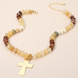 18K Gold Dipped Hammered Cross Plate Pendant Chunky Resin Disc Beaded Necklace