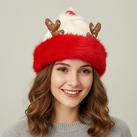 Fuzzy Fur Antlers Accent Christmas Knit Beanie Hat