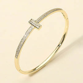Gold Plated CZ Stone Paved T-bar Hinged Bangle Bracelet