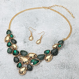 Marbled Metal Teardrop Stone Embellished Plated Statement Necklace