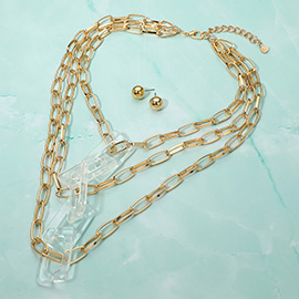 Bold Resin Square Chain Link Accent Paperclip Chin Layered Statement Necklace