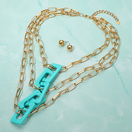 Bold Resin Square Chain Link Accent Paperclip Chin Layered Statement Necklace