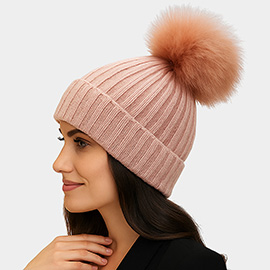 Knitted Rabbit Hair Fur Pom Pom Winter Beanie Hat