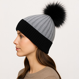 Two Tone Real Fur Pom Knit Winter Beanie Hat