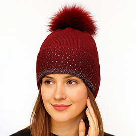 Rhinestone Ribbed Knit Real Fur Pom Winter Beanie Hat