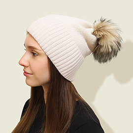 Detachable Fur Pom Pom Knit Winter Beanie Hat