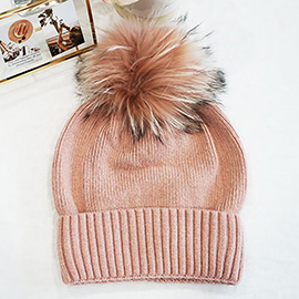 Rabbit Hair Fur Pom Slouchy Knit Winter Beanie Hat