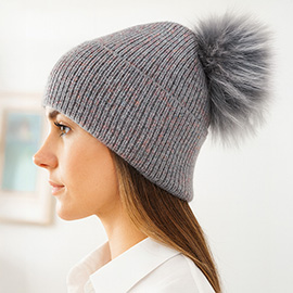 Faux Fur Pom Sparkly Ribbed Knit Winter Beanie Hat