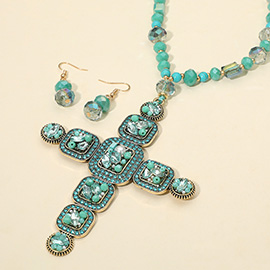 Stone Pearl Embellished Cluster Cross Pendant Faceted Beaded Long Necklace