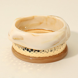3PCS - Chunky Abstract Resin Hammered Metal Bangle Multi Layered Bracelets