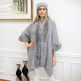 Faux Fur Trim Open Knit Cape Poncho