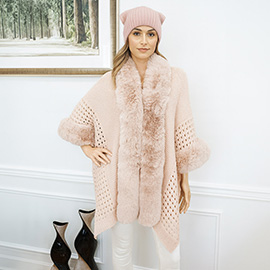 Faux Fur Trim Open Knit Cape Poncho