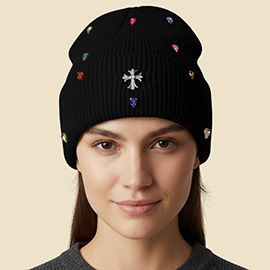 Rhinestone Cross Accent Teardrop Stone Cluster Embellished Knit Beanie Hat