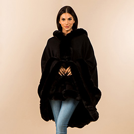 Faux Fur Trim Hooded Elegant Drape Cape Poncho