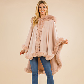 Faux Fur Trim Flowing Shawl Cape Poncho