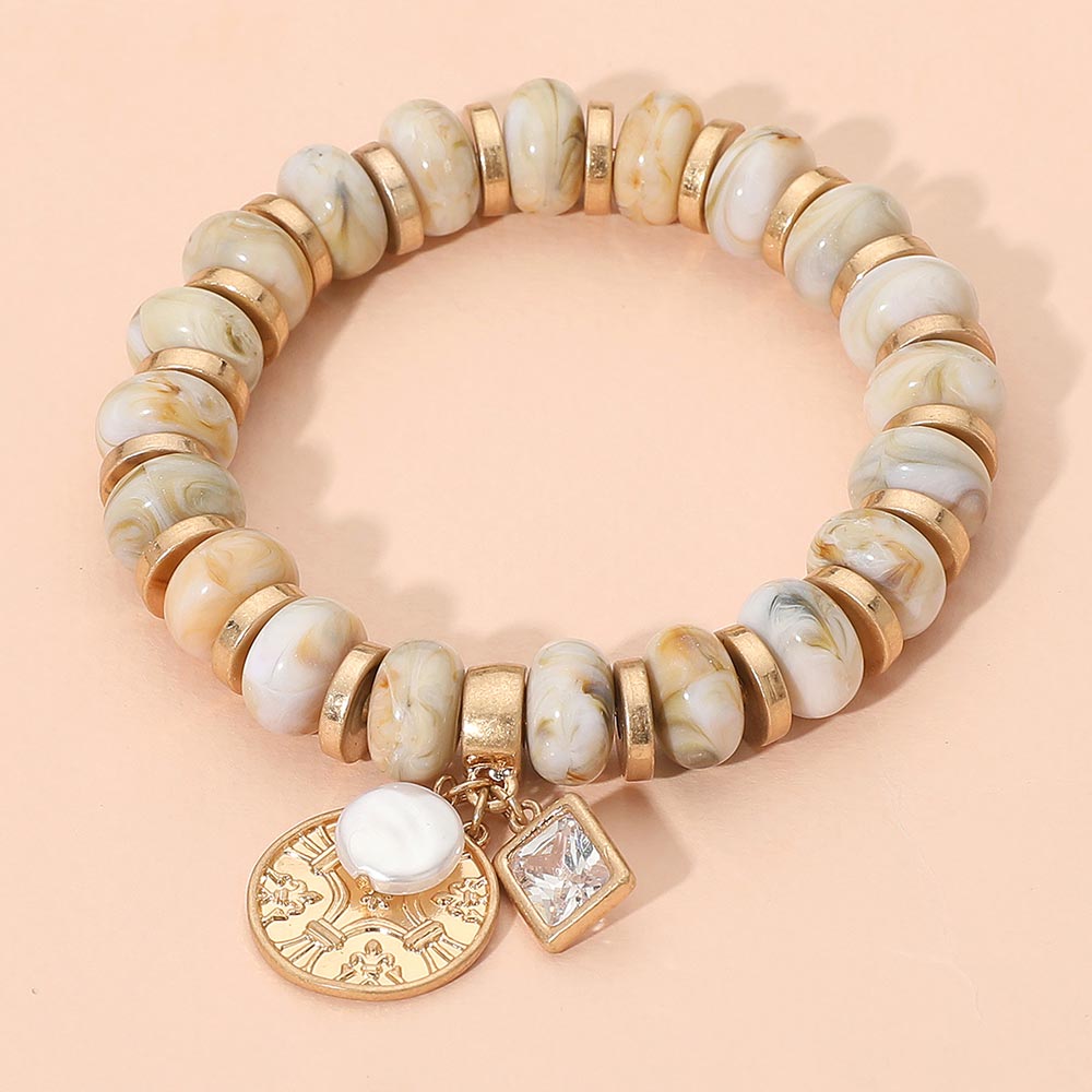 Metal Embossed Medal Square Stone Pearl Charm Rein Disc Beaded Stretch Bracelet