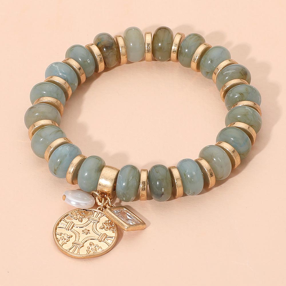Metal Embossed Medal Square Stone Pearl Charm Rein Disc Beaded Stretch Bracelet