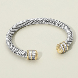 CZ Stone Tip End Two Tone Twisted Cable Cuff Bracelet