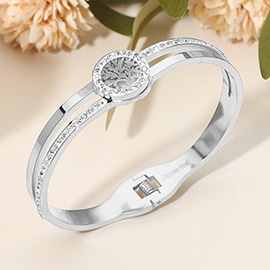 Stainless Steel CZ Stone Paved Tree Of Life Accent Hinged Bangle Bracelet