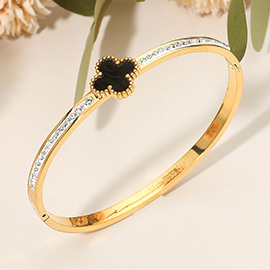 Stainless Steel CZ Paved Quatrefoil Center Hinged Bangle Bracelet