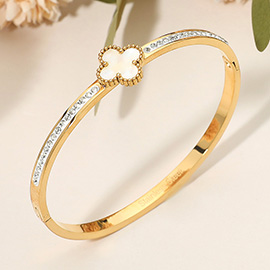 Stainless Steel CZ Paved Quatrefoil Center Hinged Bangle Bracelet