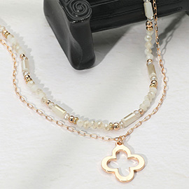 Metal Open Quatrefoil Pendant Faceted Beaded Layered Necklace