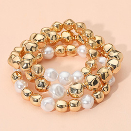 3PCS - Peal Polished Metal Beaded Stretch Multi Layered Bracelets