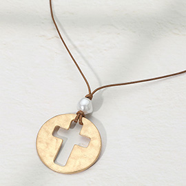 Hammered Brushed Metal Open Cross Medallion Pendant Cord Necklace