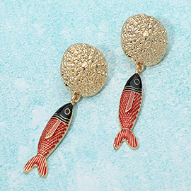 Textured Disc Enamel Fish Dangle Drop Statement Earrings