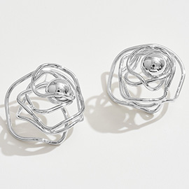 White Gold Dipped Center Ball Abstract Rose Earrings