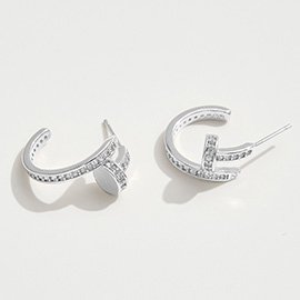 White Gold Dipped CZ Stone Paved Nail Mini Hoop Earrings