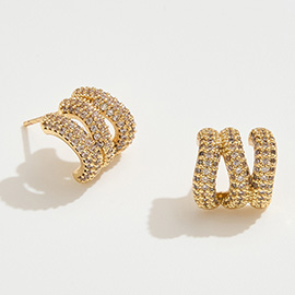 14K Gold Dipped CZ Stone Paved Triple Row Half Hoop Small Earrings