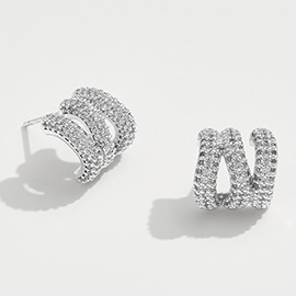 White Gold Dipped CZ Stone Paved Triple Row Half Hoop Small Earrings