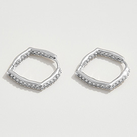 White Gold Dipped CZ Stone Paved Geometric Huggie Hoop Earrings