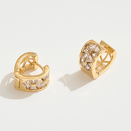 14K Gold Dipped Heart Shape CZ Stone Inlay Mini Huggie Hoop Earrings