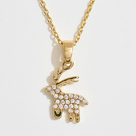 14K Gold Dipped CZ Stone Paved Reindeer Pendant Necklace